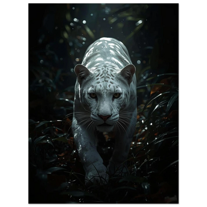 Majestätisk vit panter som framträder ur mörkret, fotorealistisk digital konst