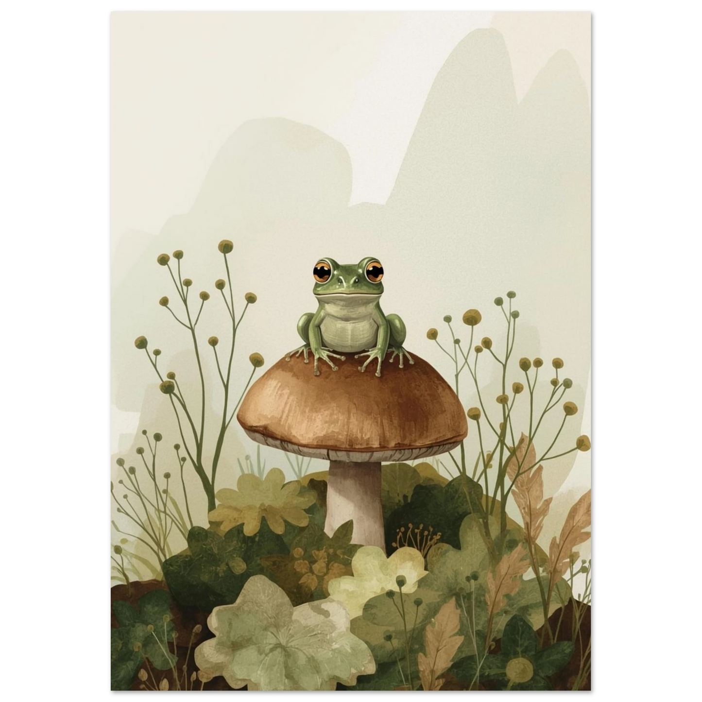 Konstnärligt djurmotiv av en groda omgiven av mjuka gröna blad