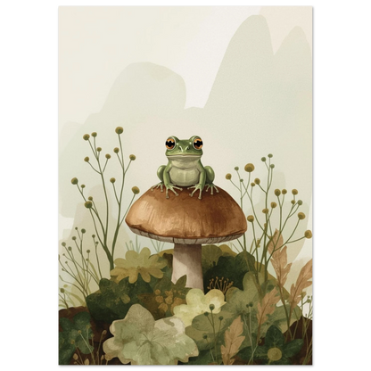 Konstnärligt djurmotiv av en groda omgiven av mjuka gröna blad