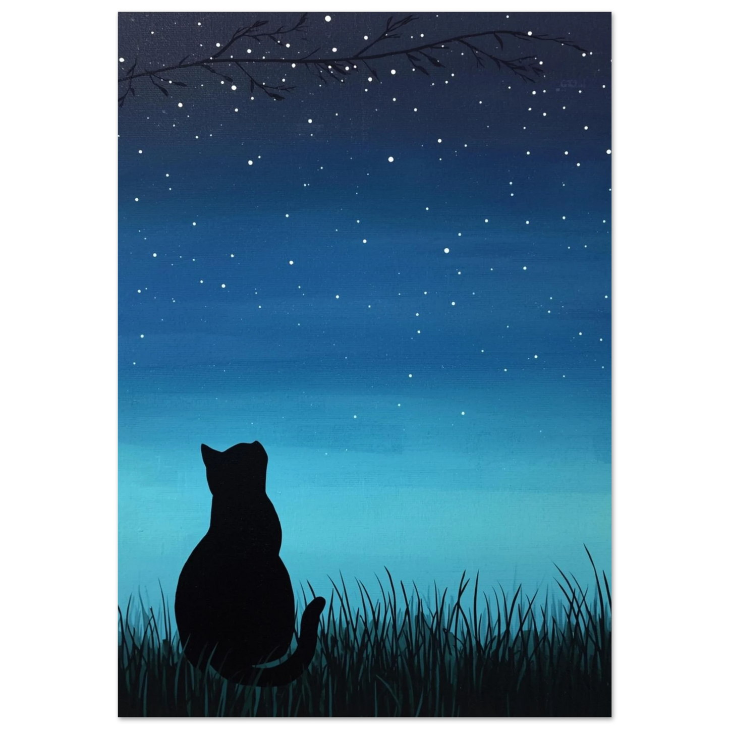 Svart kattsilhuett i gräs mot mörkblå stjärnhimmel – minimalistisk djurposter