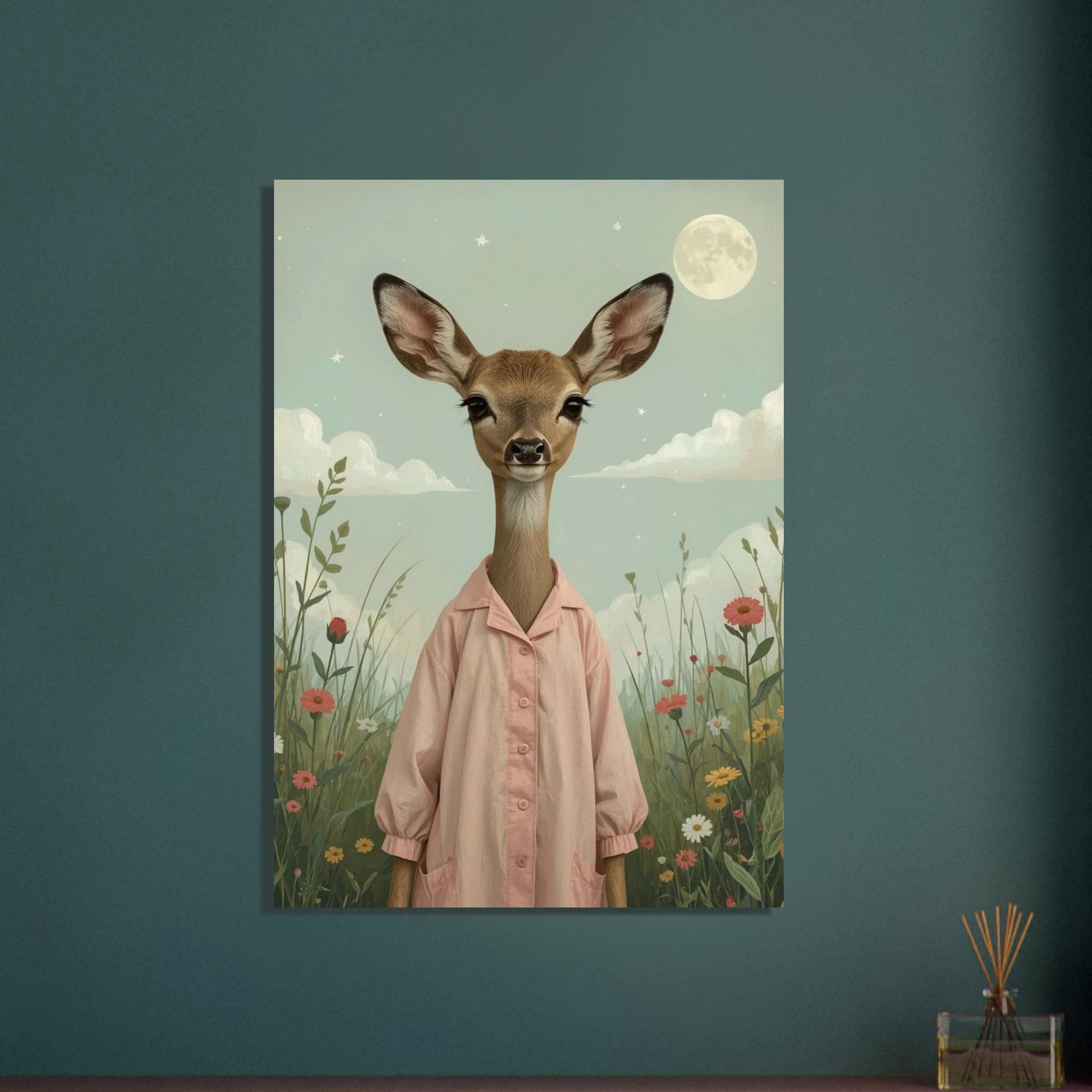 Inramad poster med rådjur i rosa skjorta i ett harmoniskt barnrum