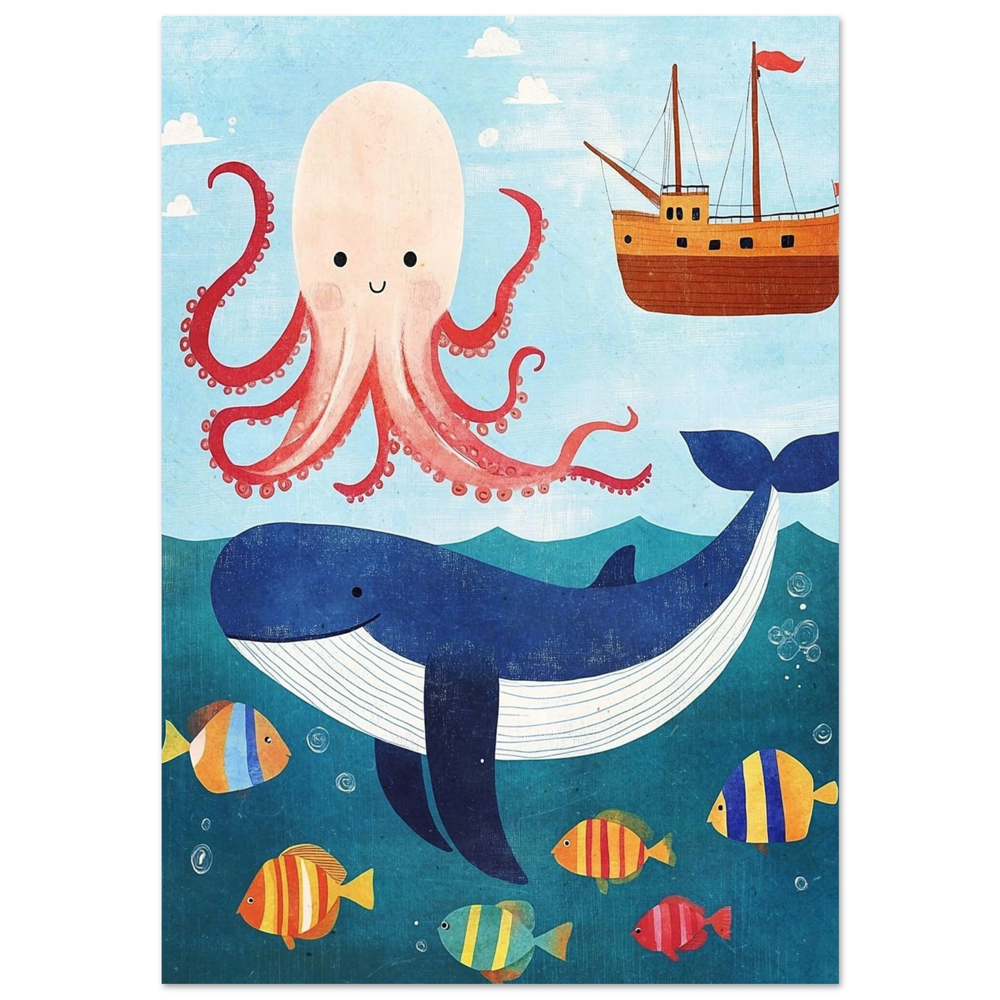 Lekfull illustration av en blåval och bläckfisk i havet – barnposter