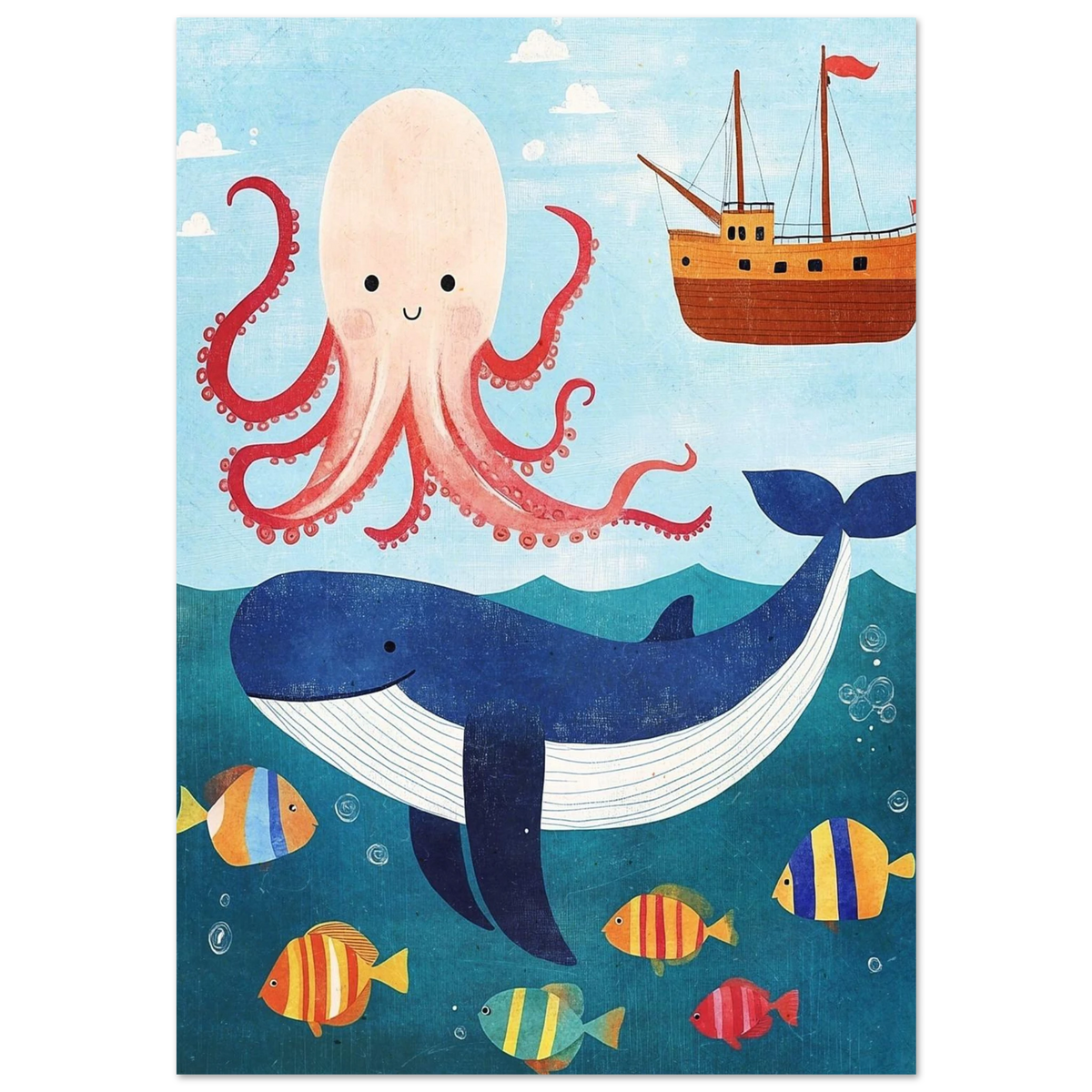 Lekfull illustration av en blåval och bläckfisk i havet – barnposter