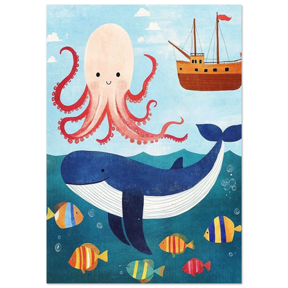 Lekfull illustration av en blåval och bläckfisk i havet – barnposter