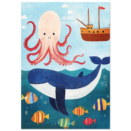 Lekfull illustration av en blåval och bläckfisk i havet – barnposter