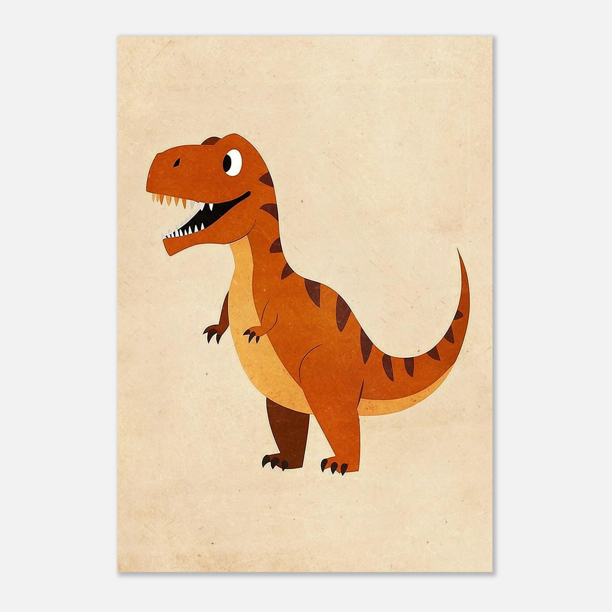 Lekfull dinosaurieposter föreställande en glad T-Rex mot en spräcklig bakgrund