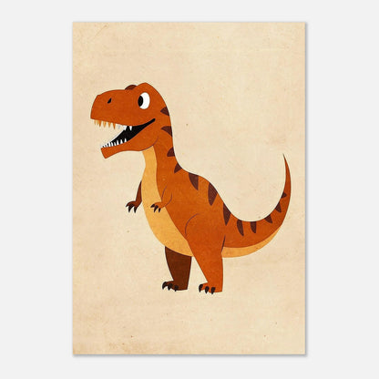 Lekfull dinosaurieposter föreställande en glad T-Rex mot en spräcklig bakgrund