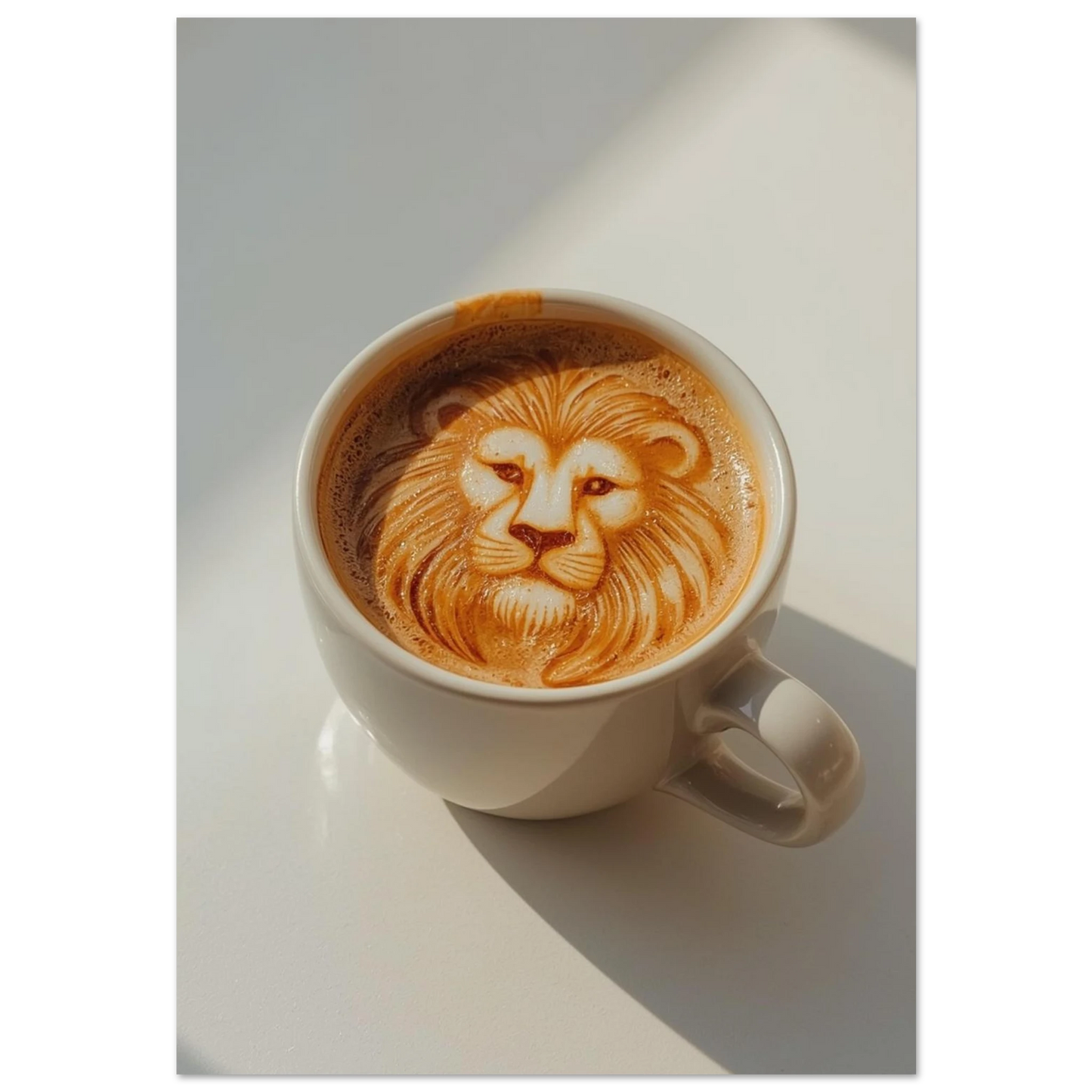 Lejonansikte skapat i kaffeskum som latte art i vit kopp