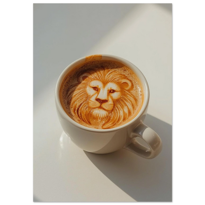 Lejonansikte skapat i kaffeskum som latte art i vit kopp