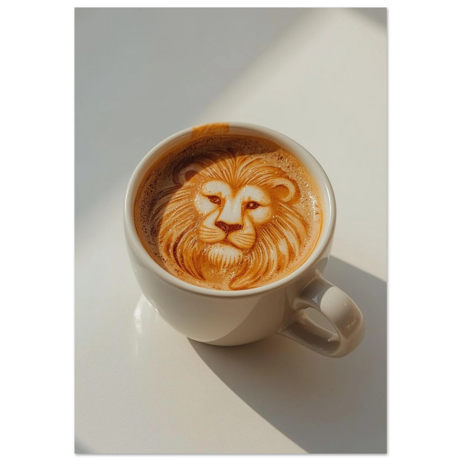 Lejonansikte skapat i kaffeskum som latte art i vit kopp