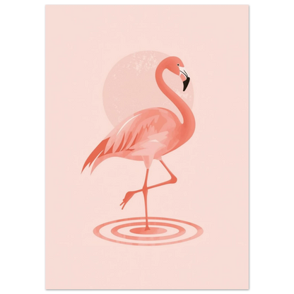 Stiliserad flamingo med cirklar i vattnet, rosa illustration för väggen