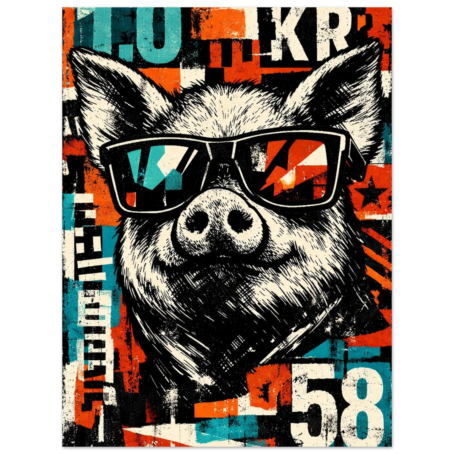 Självsäker gris i solglasögon med vintage textelement – Retro poster