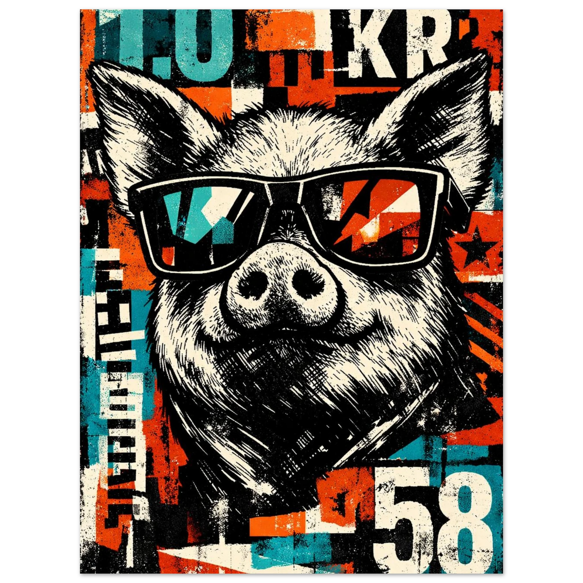 Självsäker gris i solglasögon med vintage textelement – Retro poster