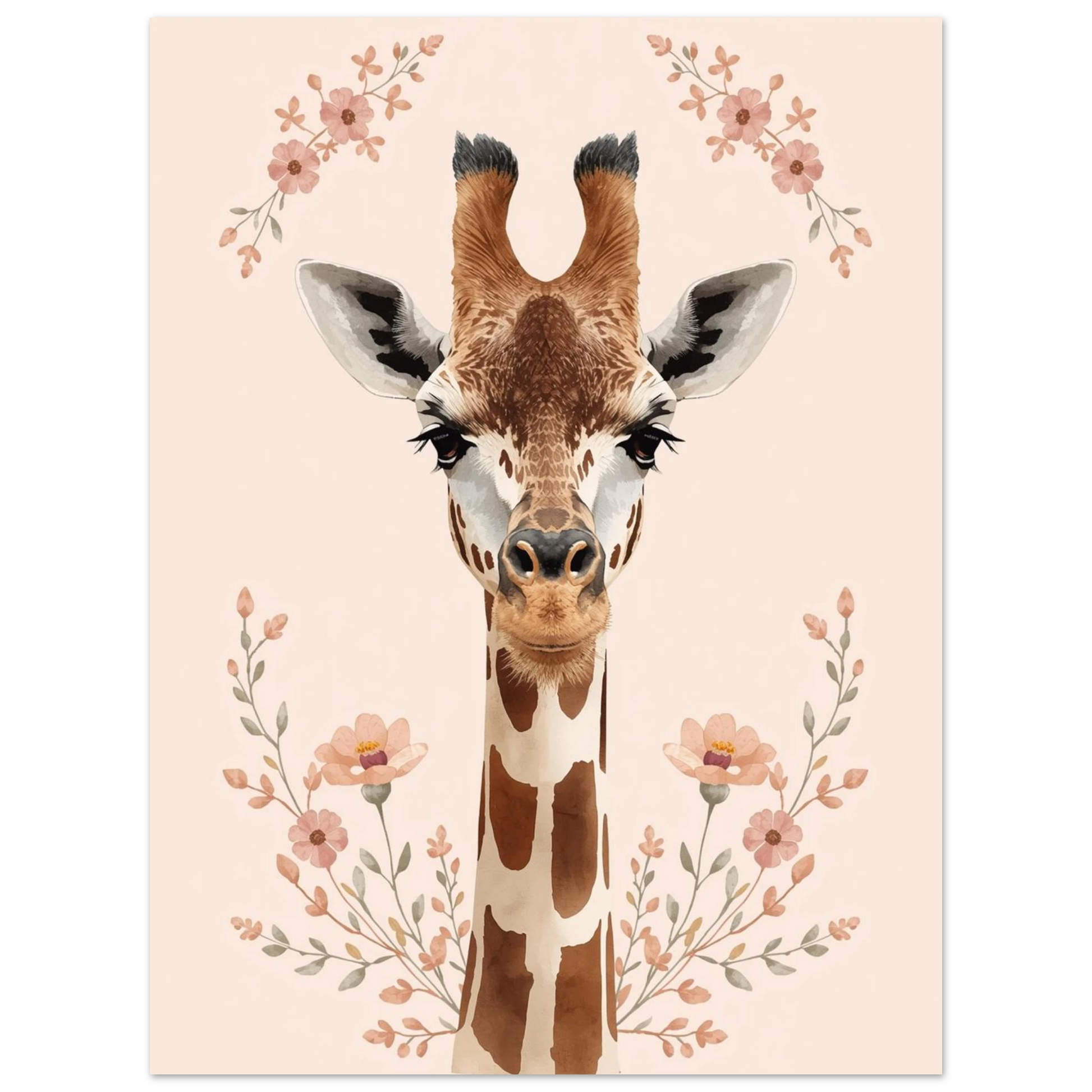 Konstnärlig illustration av en giraff med vänlig blick och blomsterkransar