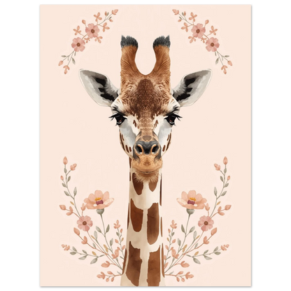 Konstnärlig illustration av en giraff med vänlig blick och blomsterkransar