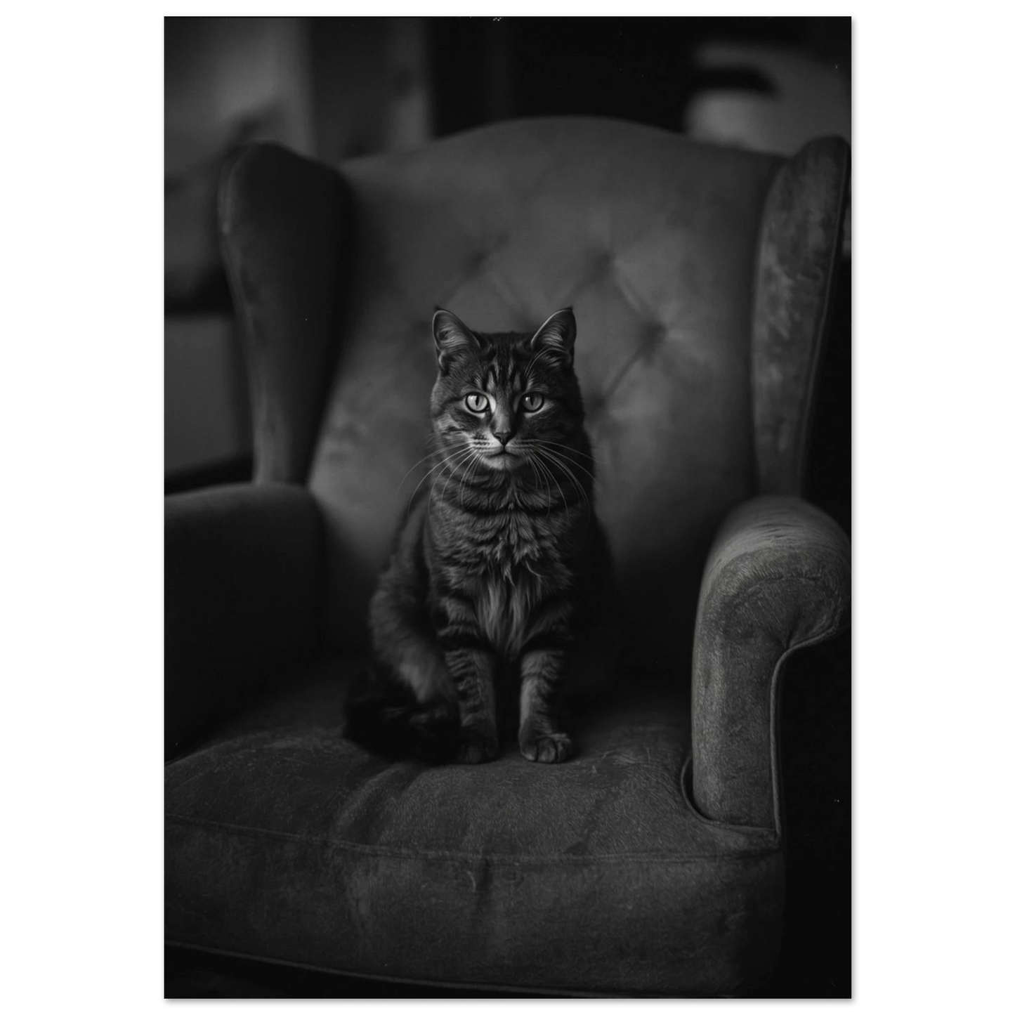 Svartvit fotoposter av en randig katt i en vintage fåtölj