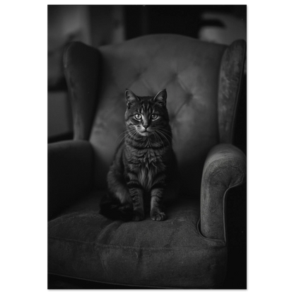 Svartvit fotoposter av en randig katt i en vintage fåtölj