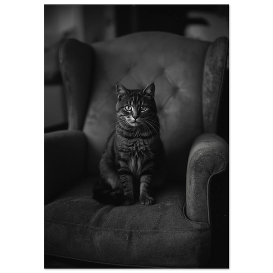 Svartvit fotoposter av en randig katt i en vintage fåtölj