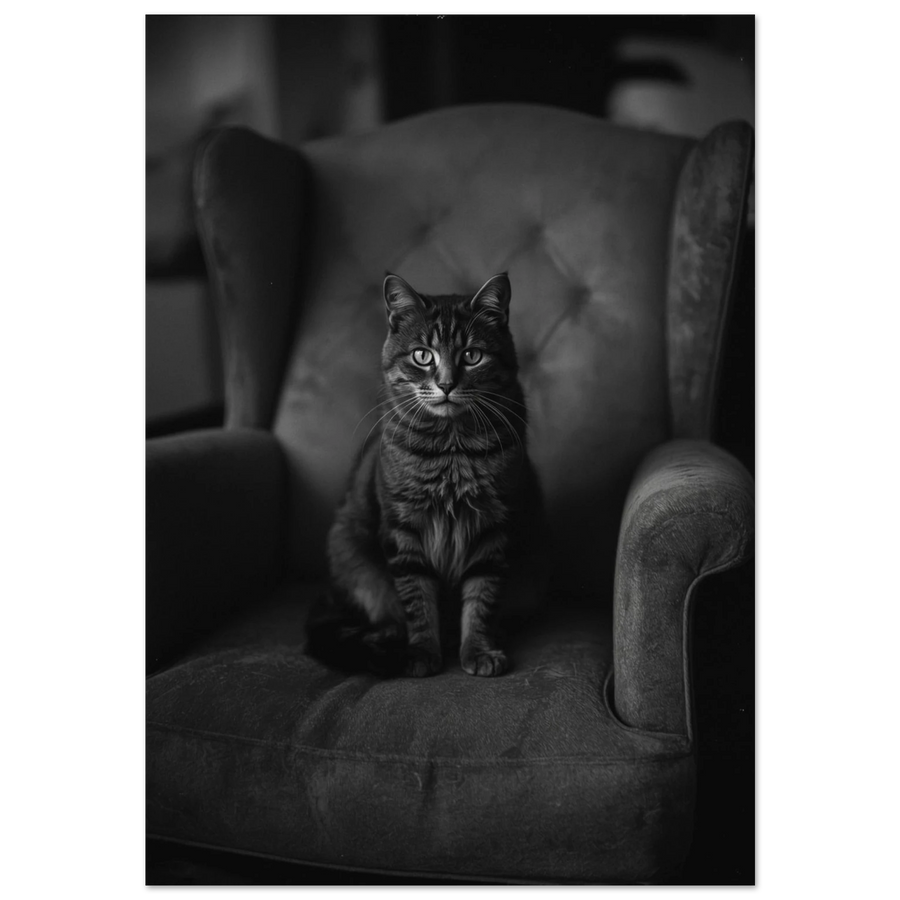 Svartvit fotoposter av en randig katt i en vintage fåtölj