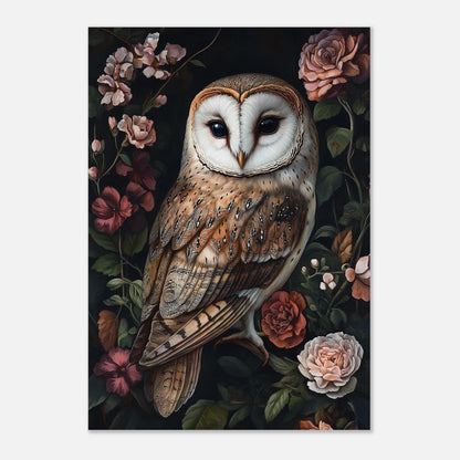 Klassiskt uggleotiv med mjuka fjäderdetaljer och blomsterbakgrund i dova färger