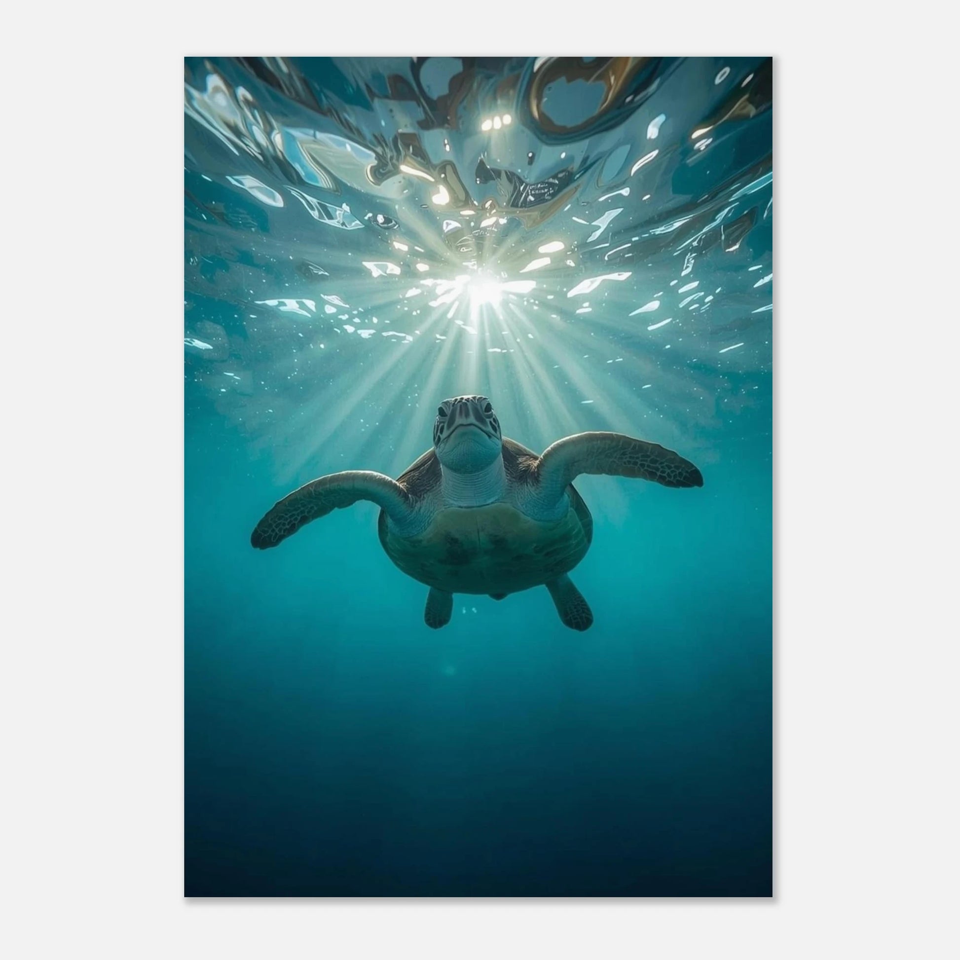Majestätisk havssköldpadda som svävar viktlöst i havet – blå djurposter