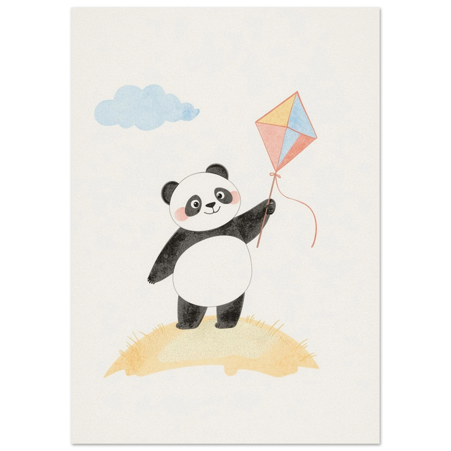 Pastellfärgad djurposter föreställande en glad panda som flyger drake ute