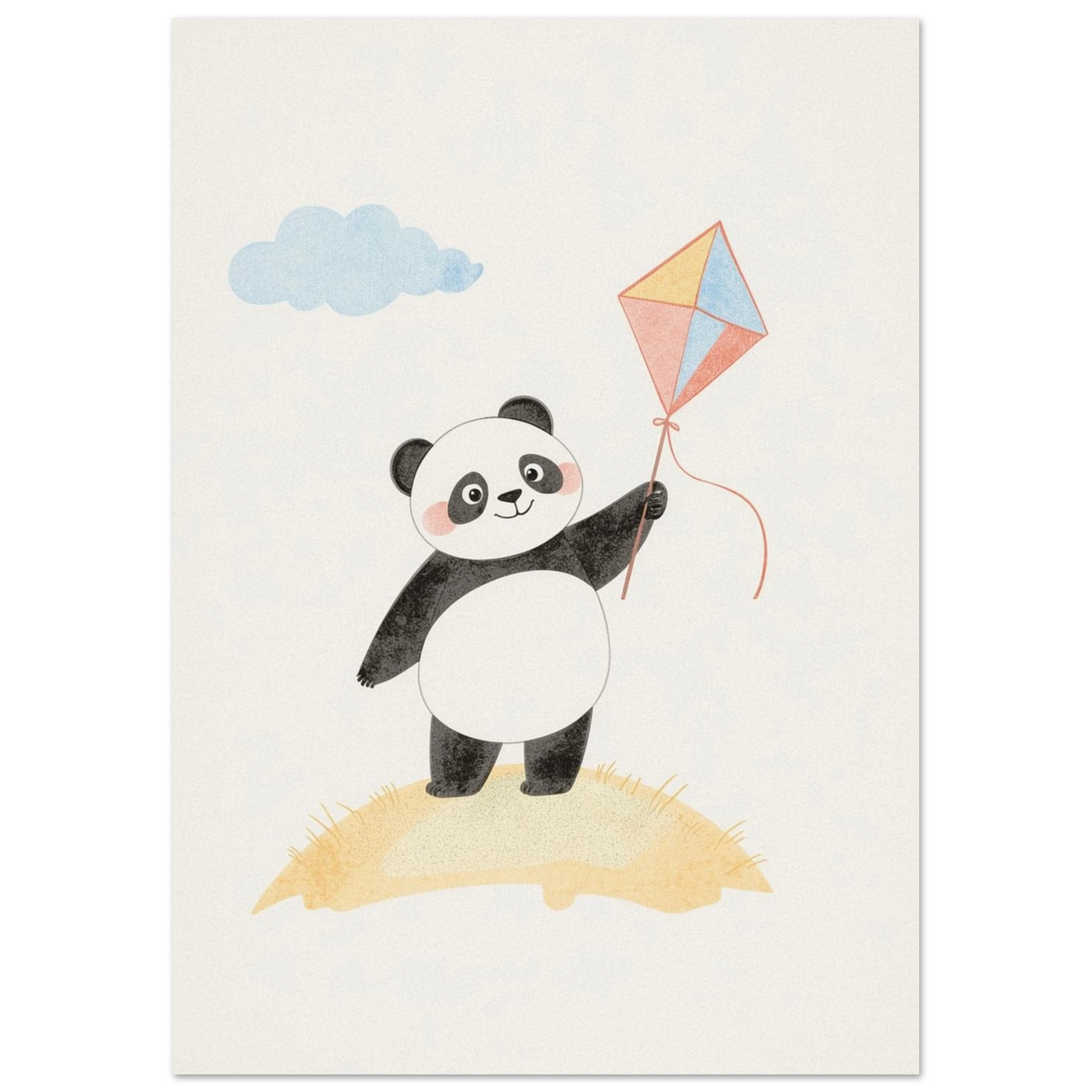 Pastellfärgad djurposter föreställande en glad panda som flyger drake ute
