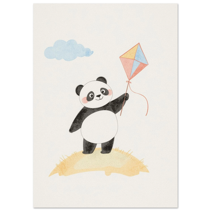 Pastellfärgad djurposter föreställande en glad panda som flyger drake ute