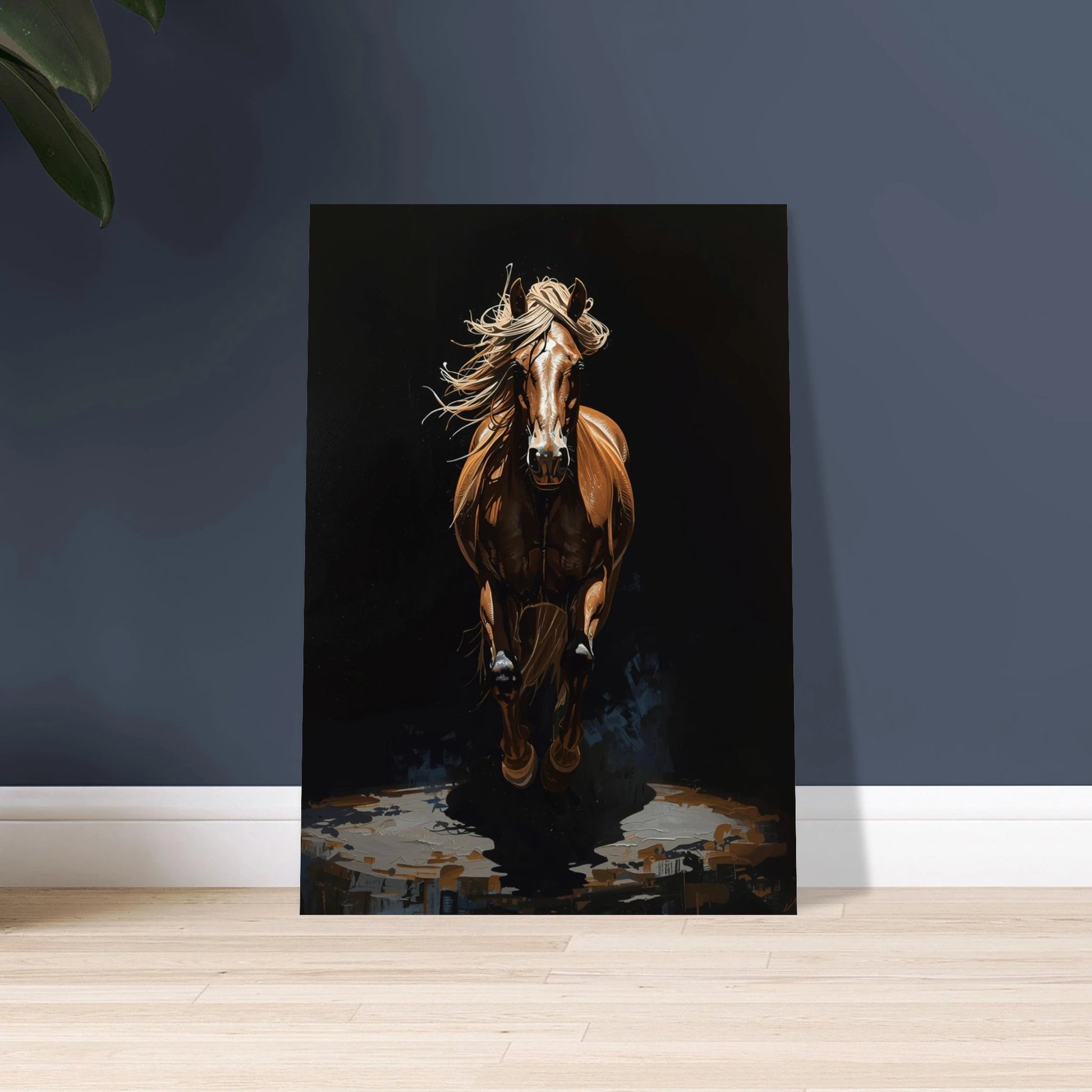 Majestätisk häst i rörelse, impasto-målning med mörk bakgrund
