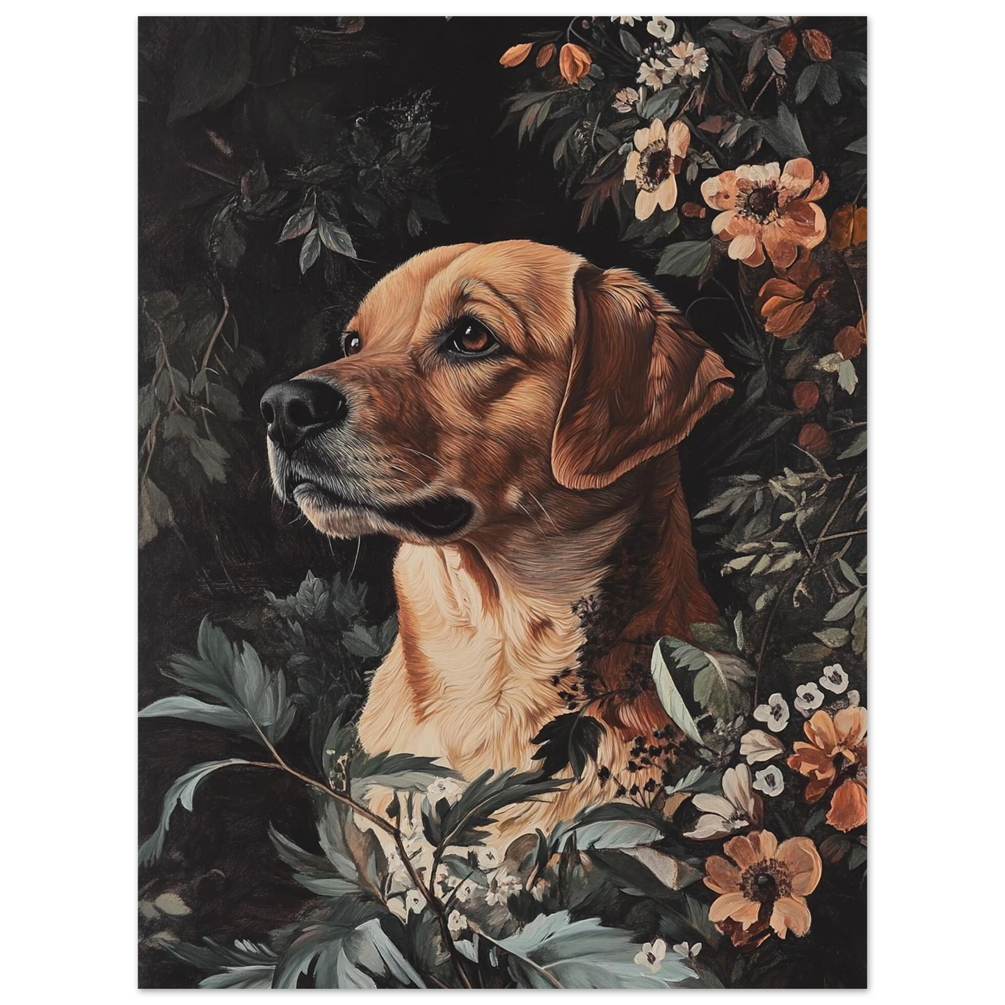 Stämningsfull hundposter med en trofast blick och dämpad flora