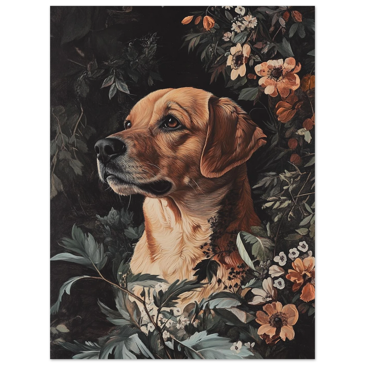 Stämningsfull hundposter med en trofast blick och dämpad flora