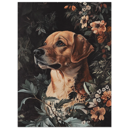 Stämningsfull hundposter med en trofast blick och dämpad flora