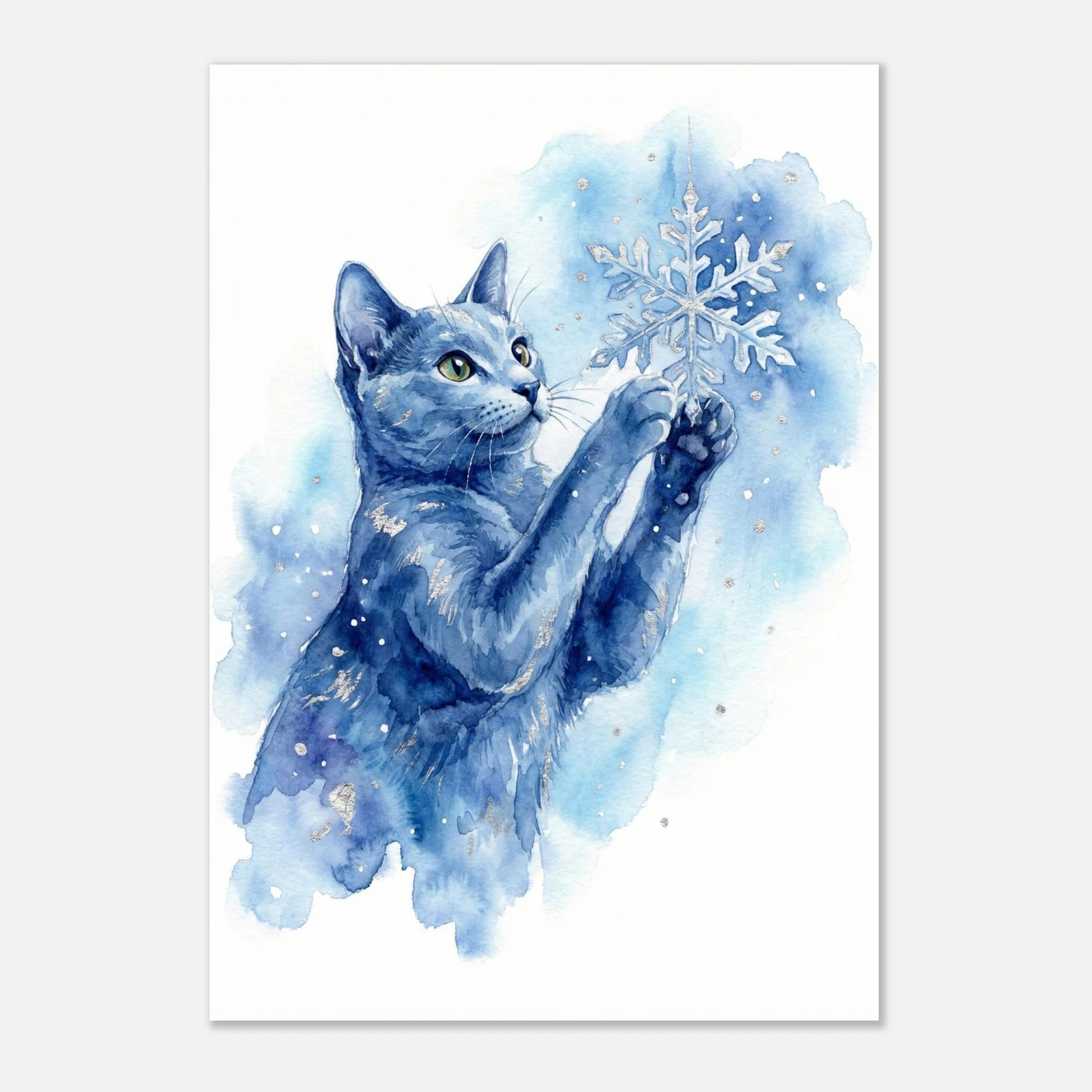 Vinterkatt i blå nyanser som rör vid en frostig snöflinga