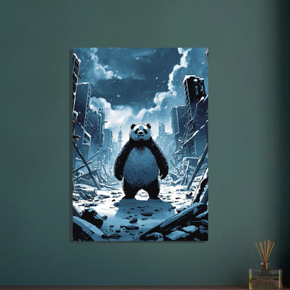 Panda i snötäckt, postapokalyptisk stadsmiljö, dramatisk stämning.