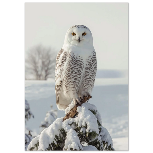 Fotografi av en fjälluggla på en snöig gren – fotorealistisk poster
