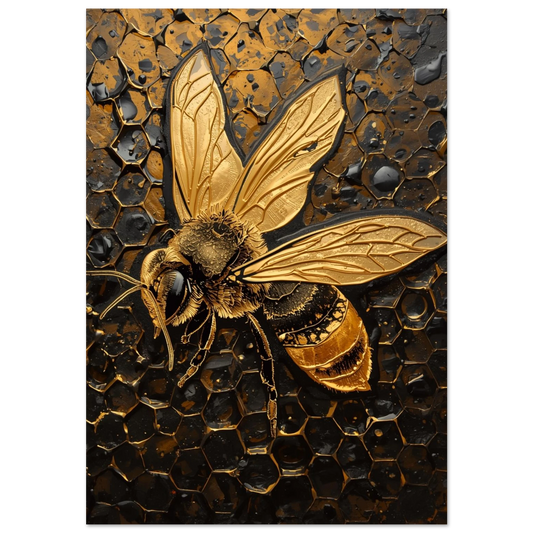 Gyllene bi i relief på svart vaxkaka med bärnstensfärgade detaljer