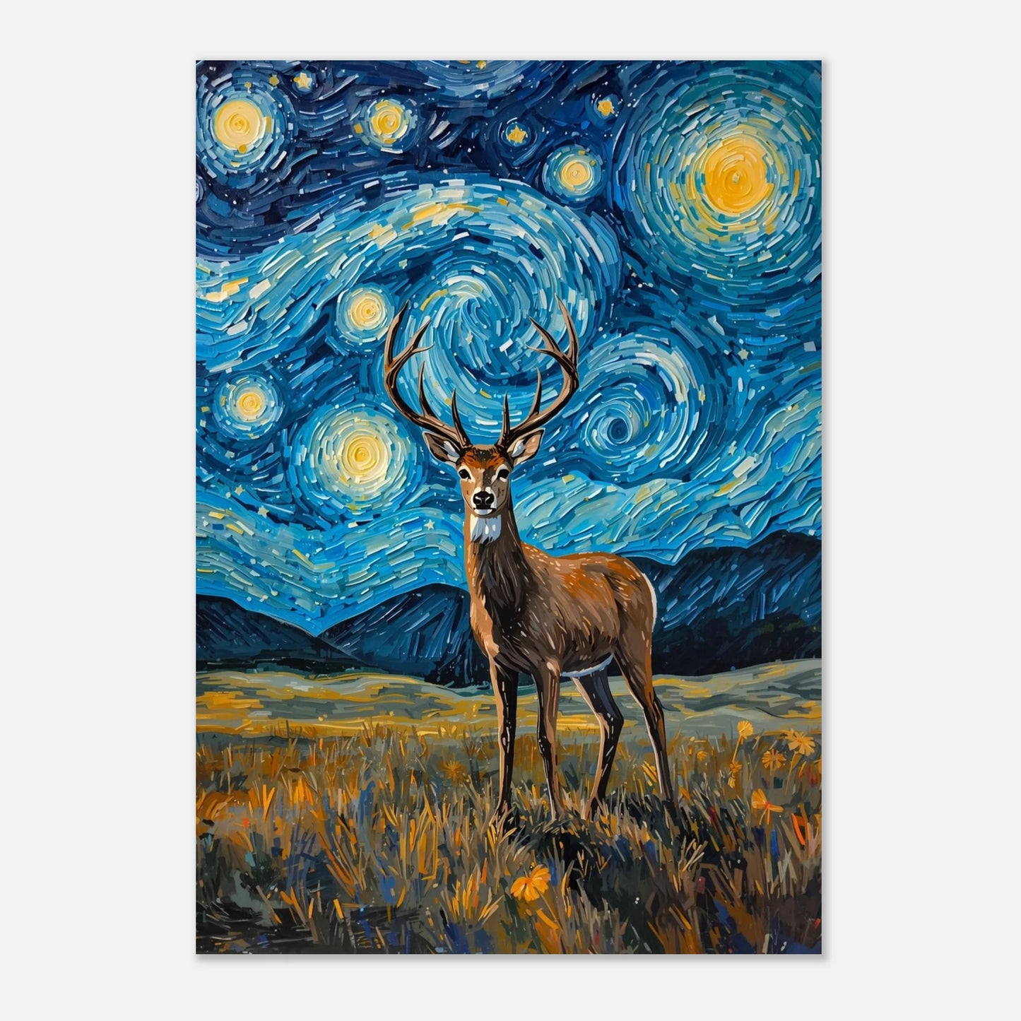 Väggkonst föreställande en hjort under en stjärnbeströdd himmel, färgstark illustration