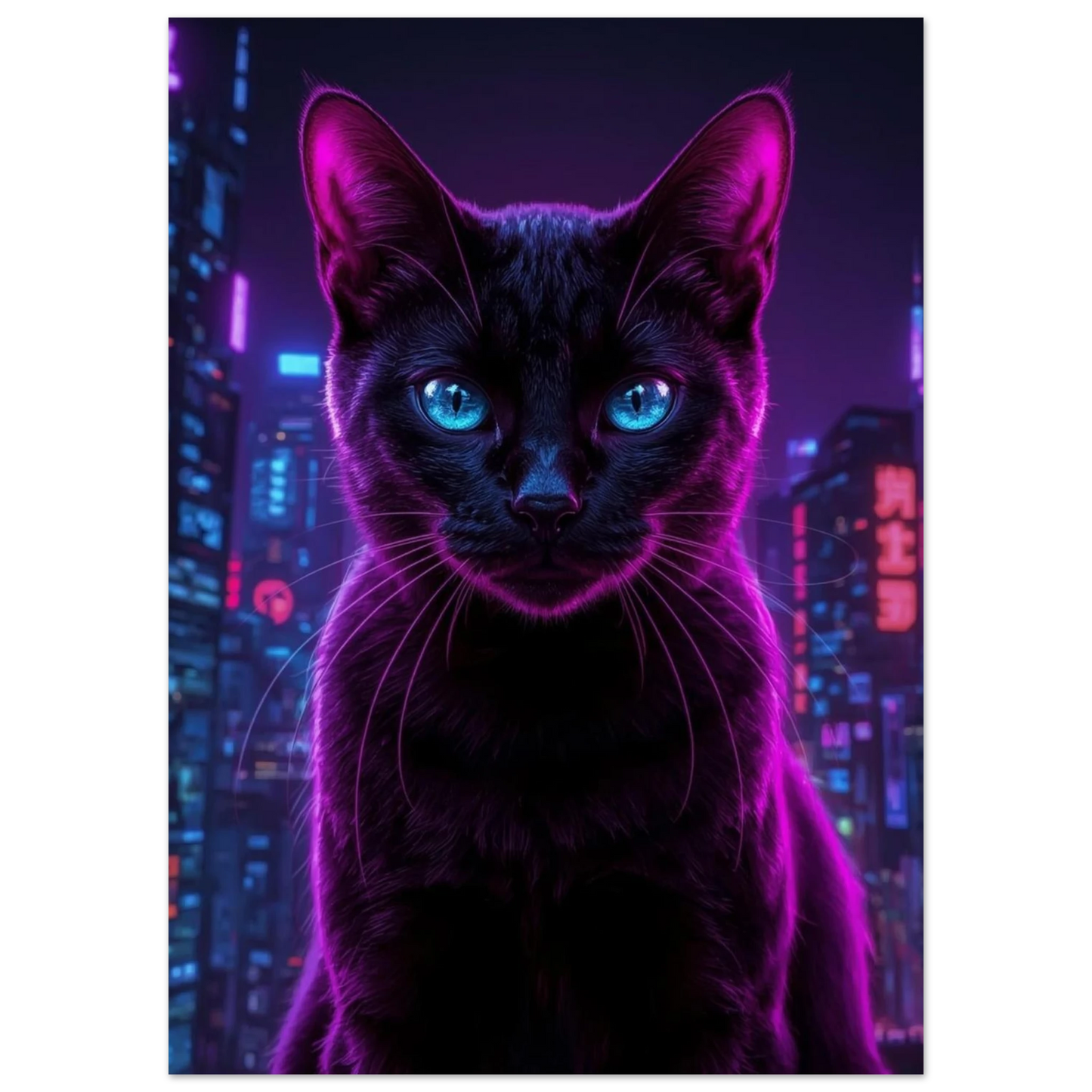 Digital illustration av cyberkatt med rosa ljusreflektioner i mörk stadsmiljö