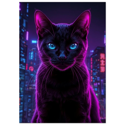 Digital illustration av cyberkatt med rosa ljusreflektioner i mörk stadsmiljö