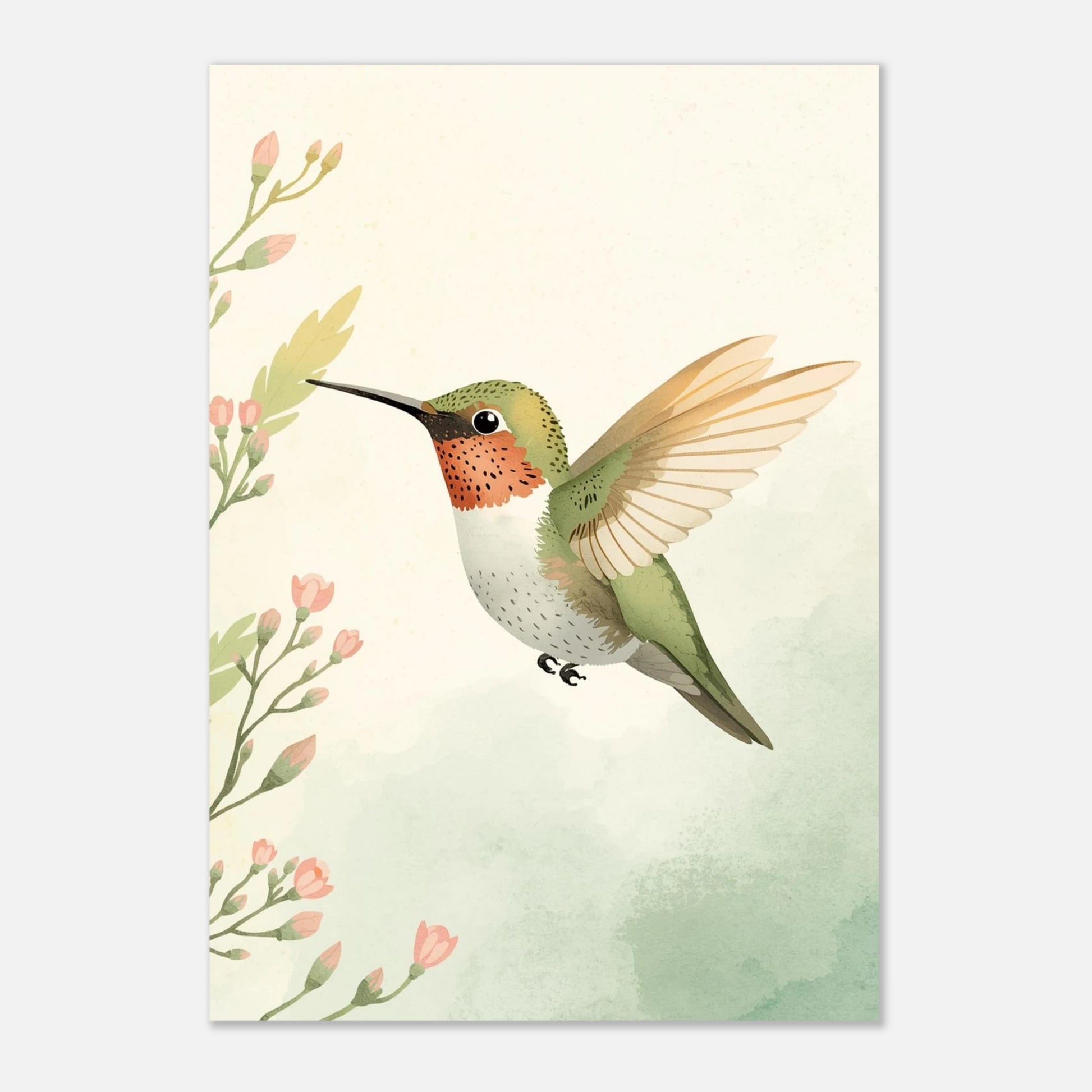 Elegant print av en kolibri med utspridda vingar i mjukt ljus