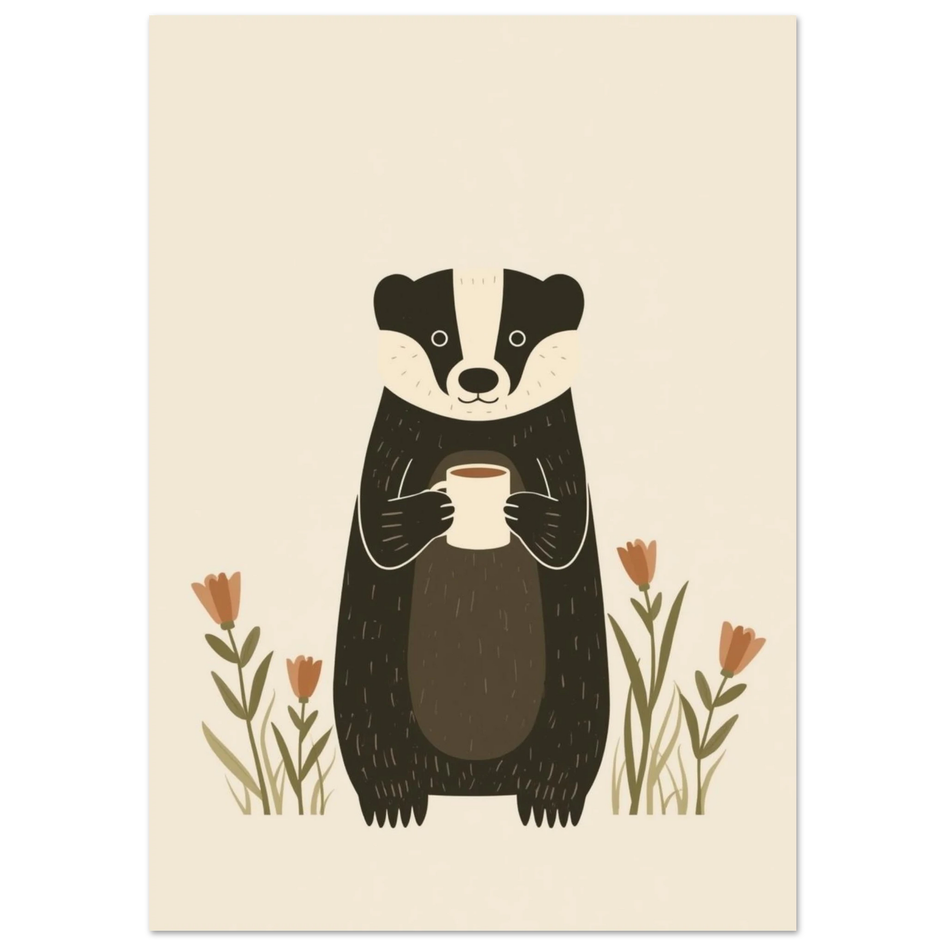 Övre del av tecknad grävling med kaffekopp, nära ögon och ansikte – Tecknad poster