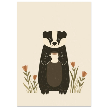Övre del av tecknad grävling med kaffekopp, nära ögon och ansikte – Tecknad poster
