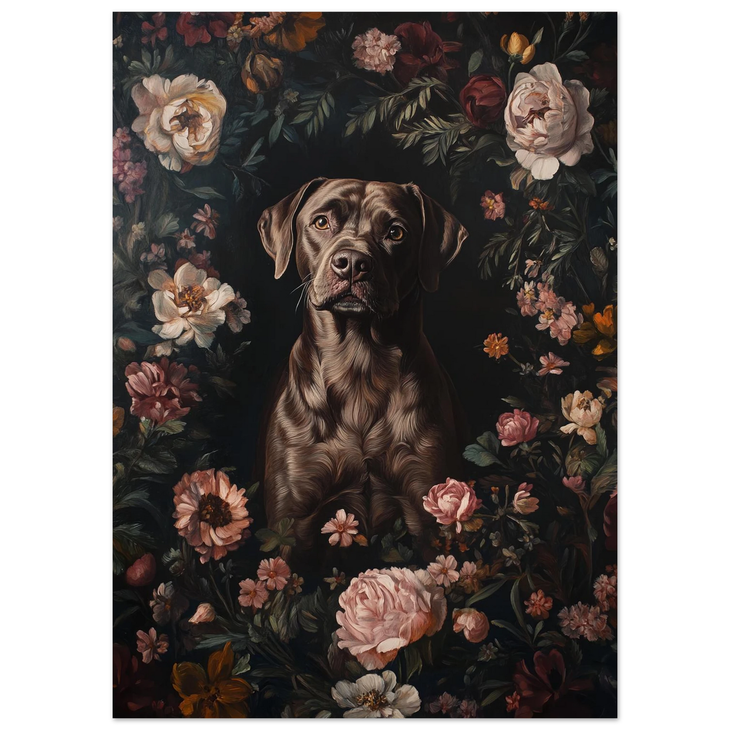 Närbild på hundmotiv med chokladbrun labrador omgiven av antika blommor i dämpade toner