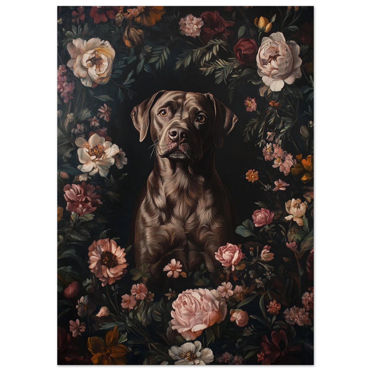 Närbild på hundmotiv med chokladbrun labrador omgiven av antika blommor i dämpade toner