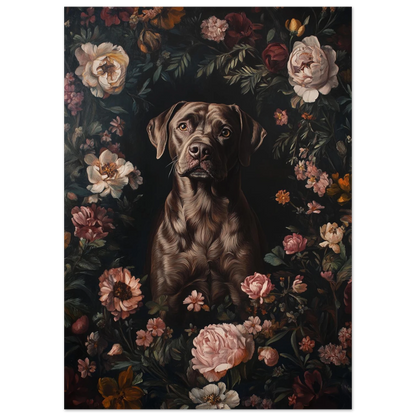 Närbild på hundmotiv med chokladbrun labrador omgiven av antika blommor i dämpade toner
