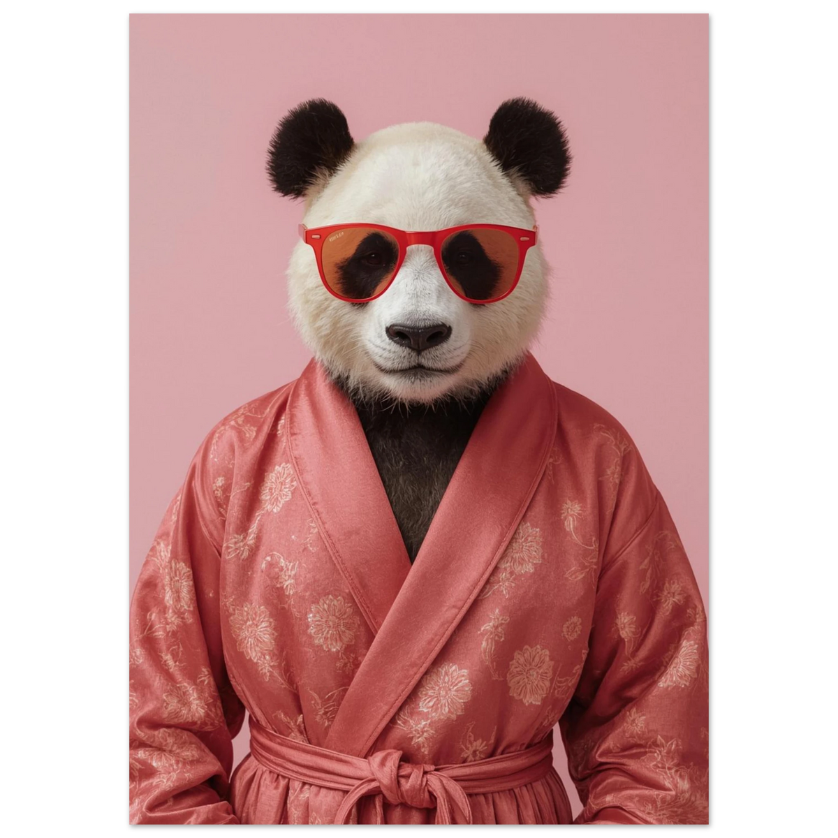 Närbild på panda i mönstrad morgonrock och solglasögon, lekfull djurposter
