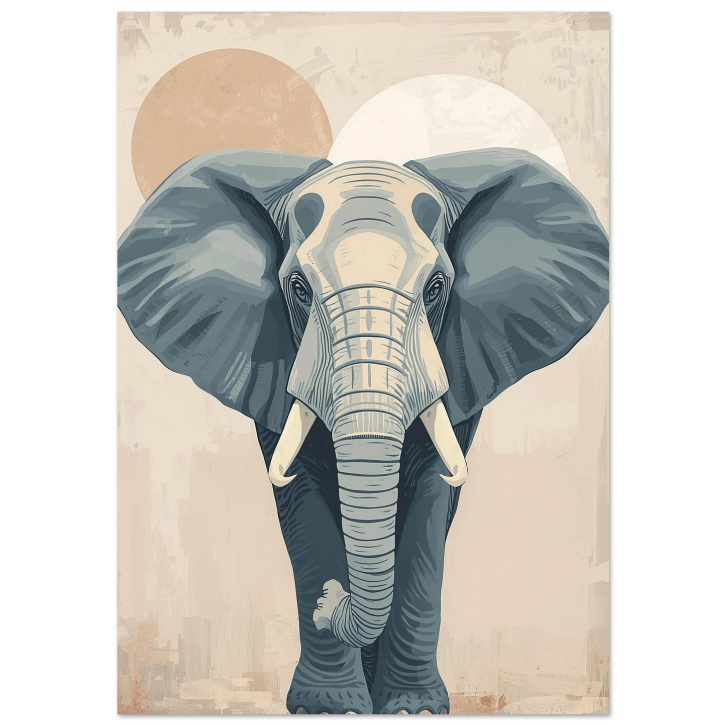 Stiliserad elefant i gråblå toner mot beige bakgrund – grafisk djurposter