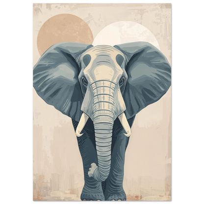 Stiliserad elefant i gråblå toner mot beige bakgrund – grafisk djurposter