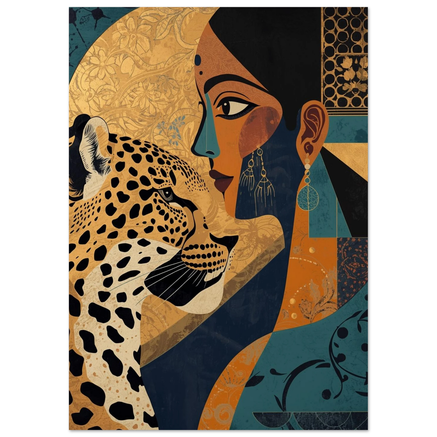 Abstrakt leopardmotiv med mörkblå bakgrund och guldinslag, konstnärligt print