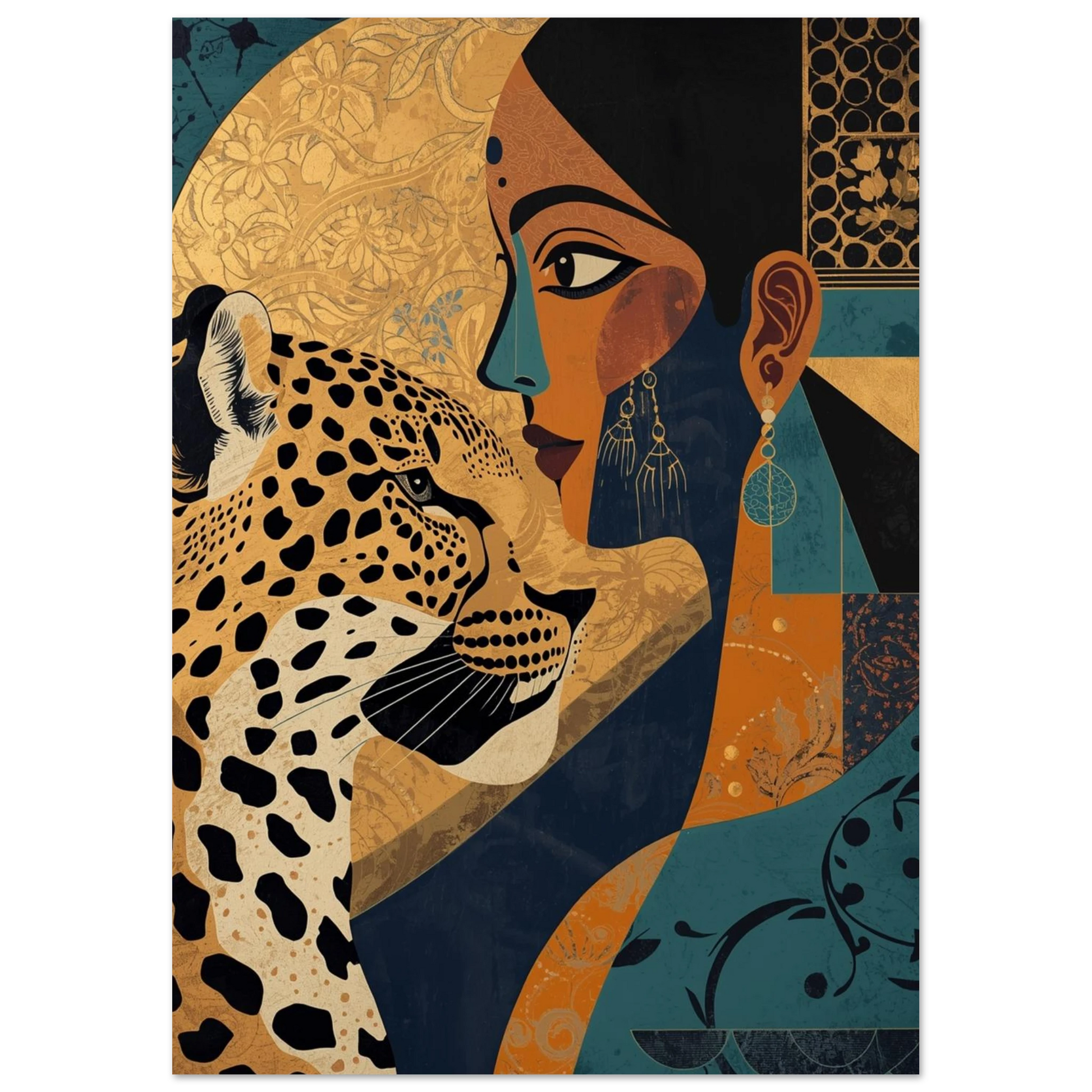 Abstrakt leopardmotiv med mörkblå bakgrund och guldinslag, konstnärligt print